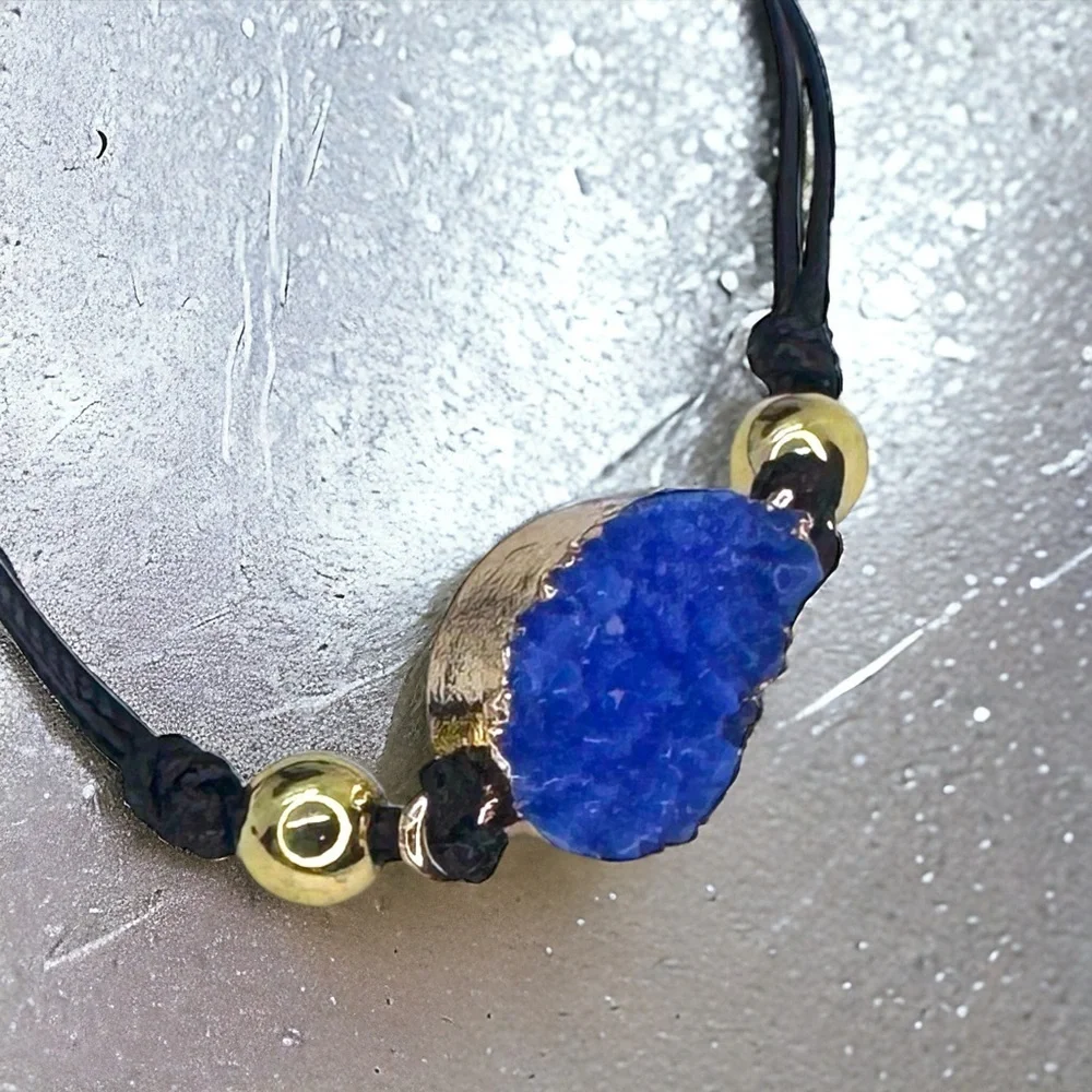 Chic NWOT Black Leather Adjustable Bracelet with Dazzling Gold & Blue Charm